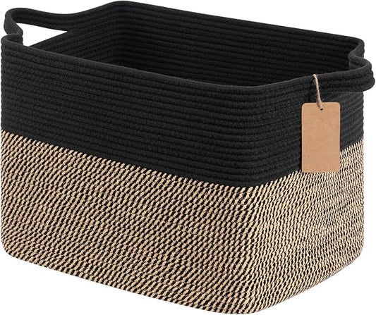 Goodpick Large Wicker Storage Baskets for Organizing, Black & Jute | 50L, 18 × 14 × 12 in, Reinforced Handles, Shoes, Towels & Toys Storage, Living Room, Bedroom & Nursery Organization