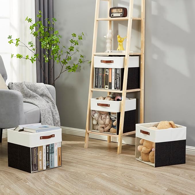 Storage Cubes, 4 Pack Linen Foldable Storage Bins (13 x 13 inch) with Clear Window and Handles, Fabric Organizer for Shelf Closet, Clothes, Books - (Black and White)
