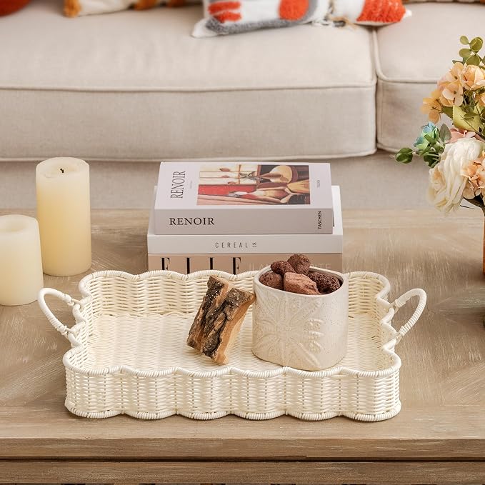 GRANNY SAYS Scalloped Edge Rectangle Serving Tray, Coffee Table Tray, Wicker Serving Trays with Handles, Decorative Tray for Coffee Table, Woven Tray, 15 ¾"×11 ½"×2 ¼", White