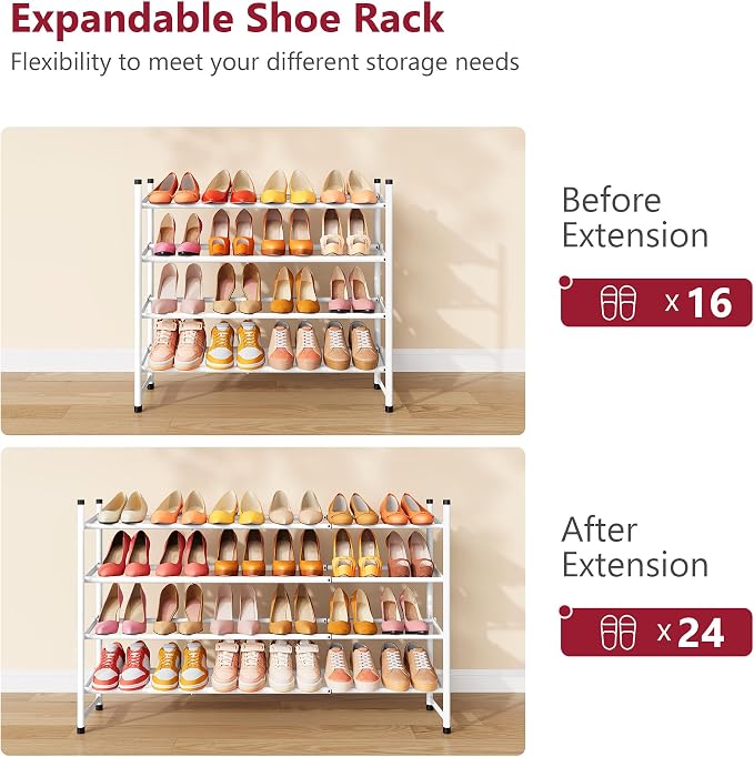 Expandable Shoe Rack for Closet 4 Tier, 29“-41“Adjustable & Stackable Shoe Shelf Storage, Metal Shoe Rack Organizer for Front Door Entrance, Closet, Garage, Entryway, White | Adjustable Shoe Organizer Closet Shoe Rack Floor, Metal Shoe Shelf Storage fo...