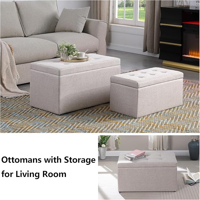 31.5'' Storage Ottomans Set of 2, Beige Tufted Fabric Bench Stool | 2.56" Thick Cushion, Sturdy for Adult Weight, Hinged Flip-top Safe Open, No Tools Assembly