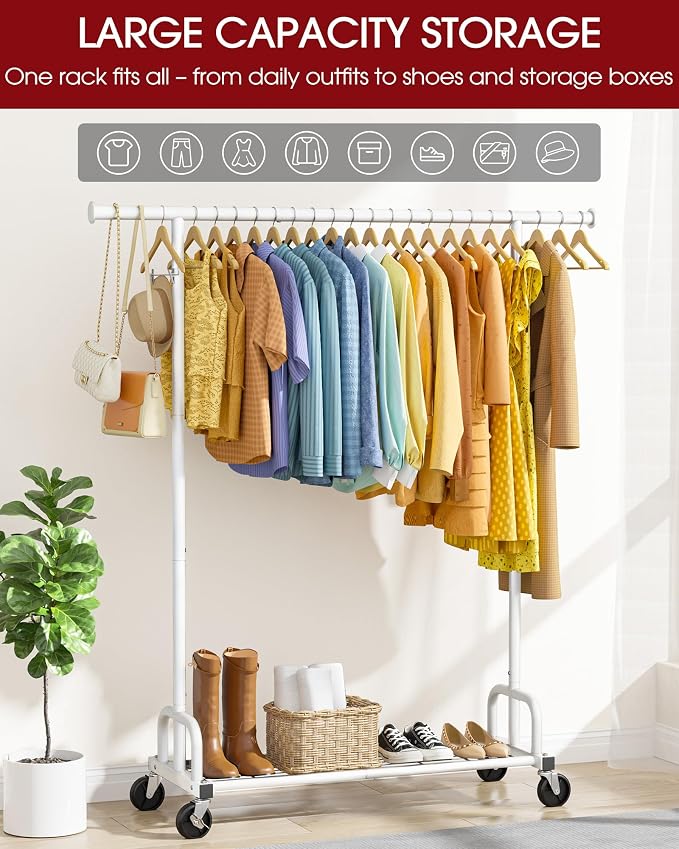 Sakugi Clothes Rack - Large-Capacity Clothing Racks for Hanging Clothes with Lockable Wheels, Space-Saving Metal Coat Rack for Bedroom, Laundry Room, Entryway, 45.6" x 16.9" x 59", White