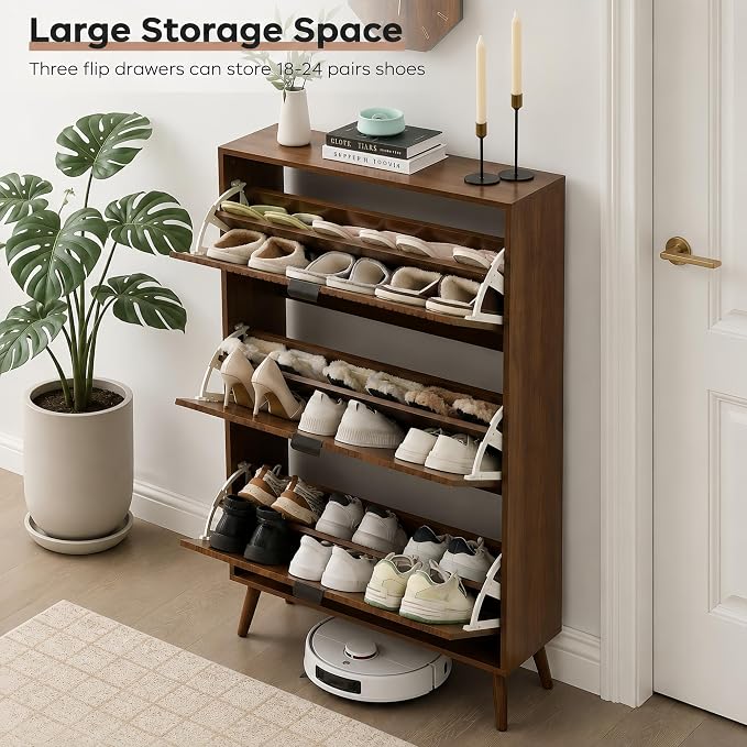 oakvivo Shoe Cabinet with 3 Flip Drawers, 31.5'' W Freestanding Narrow Shoe Storage Cabinet for Entryway, Modern Shoe Organizer with 4 Wooden feet, Hidden Shoe Rack for Hallway Mudroom, Walnut