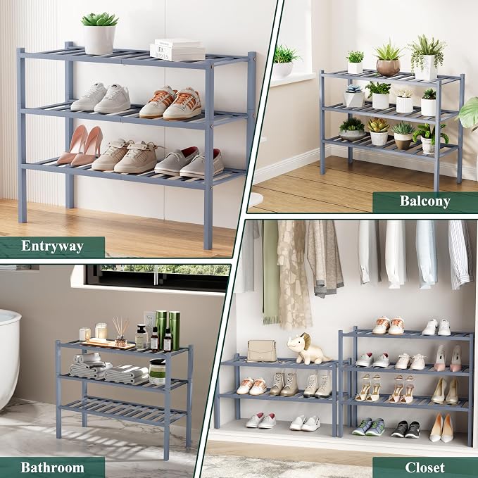 Smiry Bamboo Shoe Rack, 12 Vertical Slats, 3 Tier - 33.7" Wide, Grey | Stackable Free Standing Wooden Shoe Organizer, Wood Shoe Storage Shelf for Closet, Entryway