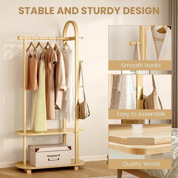 31.5" Wide 3-in-1 Freestanding Clothing Rack.Wooden Coat Rack with 2 Shelves and 6 Hooks,Solid Rubber Wood Coat Rack with Shelves for Entryway, Bedroom, Living Room, Natural