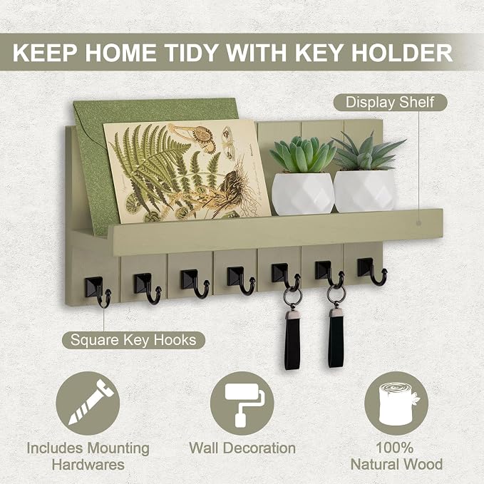 Key Holder for Wall, Decorative Key Holder with Shelf, Key and Mail Holder Wall Mount, Farmhouse Decor with 7 Key Hooks for Keys, Coats, ect.