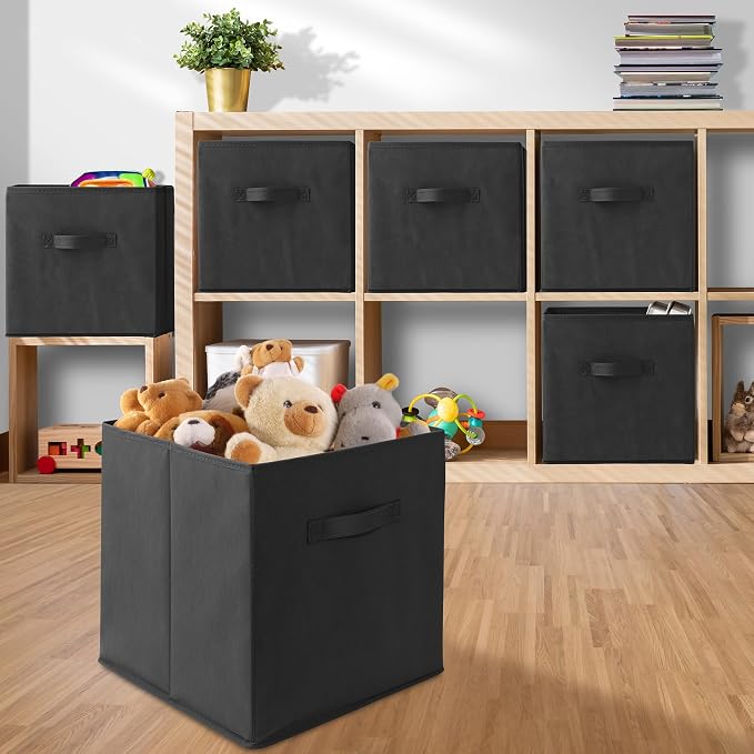 Casafield Set of 6 Collapsible Fabric Cube Storage Bins, Black - 13" Foldable Cloth Baskets for Shelves, Cubby Organizers & More