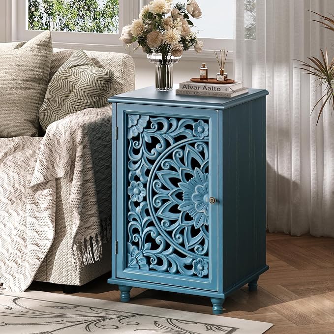 JOINICE Accent Cabinet with Hand-Carved Door for Living Room/Bedroom | Hand-Carved Floral Design, Farmhouse/Rustic Style, Space-Saving, Sofa Table, Solid Wood Legs, Adjustable Shelf, Easy Assembly
