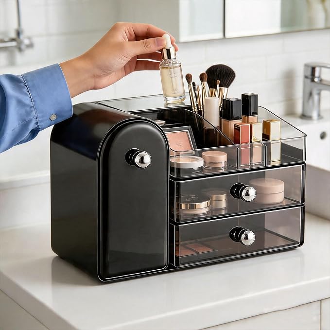 Makeup Organizer with Makeup Brush Holder, 2 Drawer, Black | Vanity Desk Organizer with Brush Holder, Compact Countertop, Cosmetic Storage for Lipsticks, Perfumes, Eyeshadow Palettes