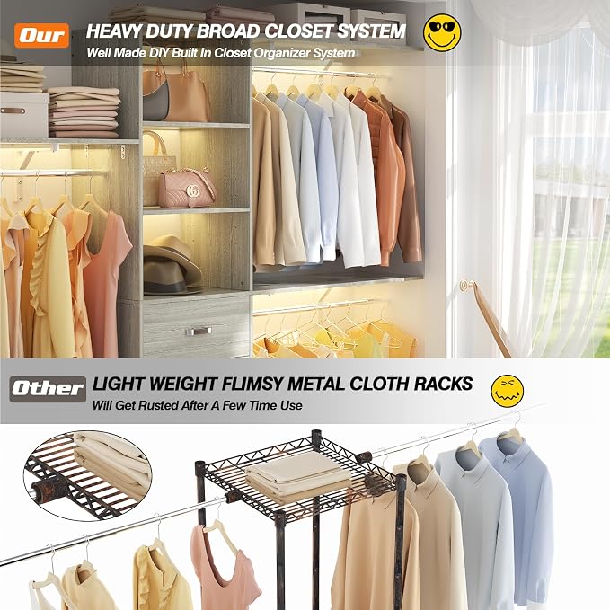 iSunirm 8FT Closet System, 96'' Closet Organizer System with 3 Hanging Rods, Wall Mount Bedroom Wardrobe with 3 Drawers Walk-in Closet, Adjustable Garment Rack from 5 to 8FT(Cut to Fit), White Oak