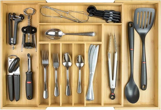 KitchenEdge Silverware & Utensil Drawer Organizer, 14-25 in, Bamboo | Cutlery, flatware, food-safe contract grade, kitchen drawer fit