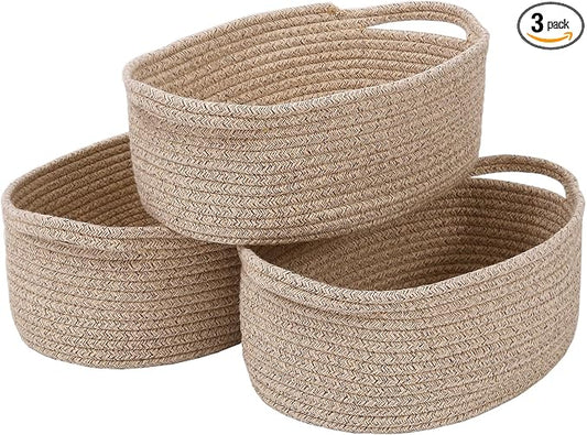 JMvicyroam Small Woven Basket, Empty Gift Basket, Oatmeal/3 Pack | Small Gift Basket, Cotton Rope, 12 x 8 x 14 in, Handles, Includes Ribbon and Bag, Birthday Gift Basket