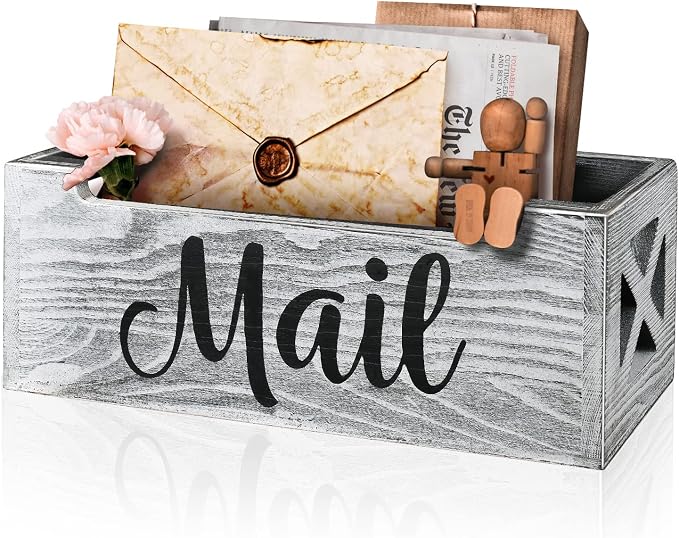 Wooden Mail Organizer Countertop | Grey Mail Holder for Wall | Rustic Desk Mail Sorter Basket Letter Holder for Home Office Entryway Decor