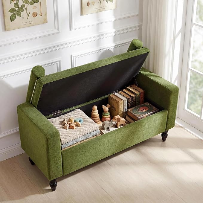 End of Bed Bench for Bedroom, 45.7" Linen Storage Ottoman Bench with Removable Pillows, Upholstered Entryway Bench with Solid Wood Legs, Storage Cabinet for Bedroom, Living Room, Entryway, Green