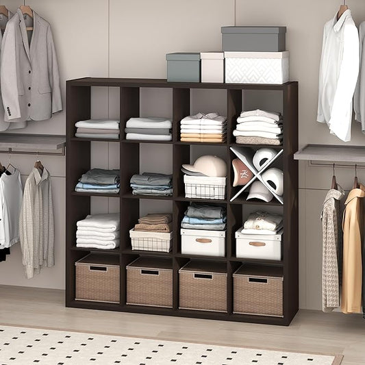 Furinno Cubic Extra Thick 16-Cube Closet Organizers and Storage, Dark Oak | 14.6 x 58 x 58 in, Open Shelf Closet Storage, Closet Organizer, for Wardrobe, Bedroom, Living Room