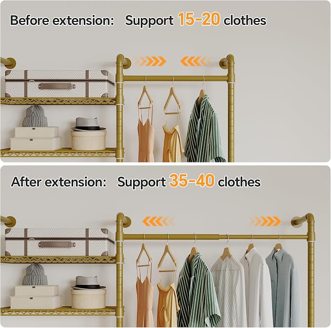 Higeego W3 Wall Mounted Clothes Rack, Industrial Pipe Clothing Rack, Gold | Heavy Duty Clothes Rack, Clothing Racks for Hanging Clothes, Closet Organizer, Expandable Hanger Rods, Adjustable Shelving