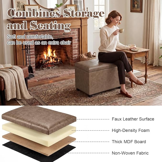 24" Leather Storage Ottoman Bench, Rectangle Foot Rest Stool for Living Room, Bedroom, Entryway, Earthy Light Brown Veining