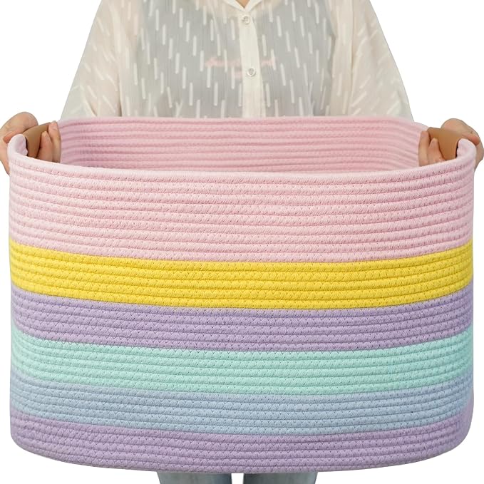 danpinera Large Laundry Basket, 108L Rectangle Woven Baskets for Storage for Living Room, Laundry, Nursery, Pillows, Baby Toy chest, Blanket Storage with Leather Handle, 25’’*16’’*16’’ Rainbow