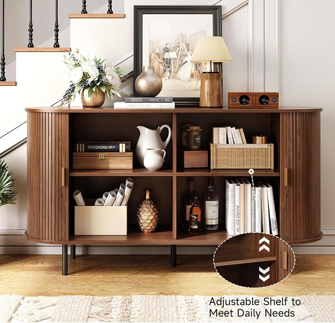 55" Sideboard Buffet Cabinet with Storage, Sliding Door & Adjustable Shelf, Modern Accent Coffee Bar Console Table for Kitchen, Entryway, Walnut