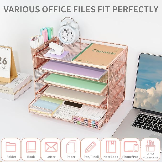 LEKETREE Desk Organizer and Accessories, 5-Tier Paper Letter Tray Organizer with Drawer & 2 Pen Holders for Desktop File Organization, Office Desk Accessories for Supplies Storage (Rose Gold)