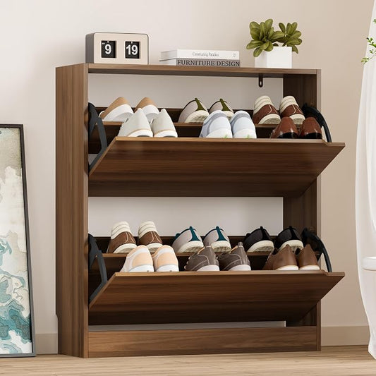 BORNOON Shoe Cabinet with 2 Flip Drawers, Slim Narrow Shoe Storage Cabinet, Freestanding Shoe Organizer with Adjustable & Removable Shelves, Top Display Shelf for Entryway, Hallway, Foyer, Closet