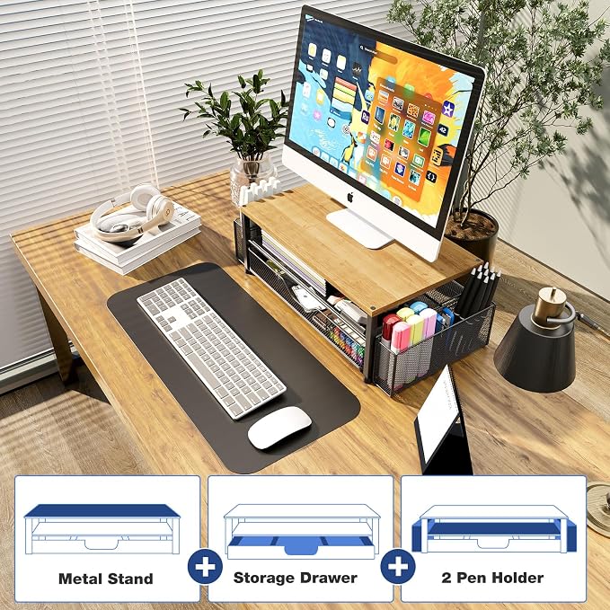 OPNICE Desk Organizers and Accessories, Computer Monitor Stand Riser with Drawer and 2 Pen Holders, Printer & Laptop Stand, Office Desk Accessories & Workspace Organizers for Home Office Supplies, Oak