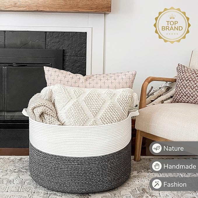 INDRESSME XXXLarge Woven Rope Blanket Basket Living Room, 90L | 21.7" x 13.8" Storage baskets for toys laundry & pillows. Fits living room, bedroom or nursery décor. Soft-touch with handles