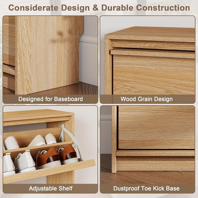 Shoe Cabinet with 3 Flip Drawers, 31.5" W Narrow Shoe Storage Cabinet for Entryway, Slim Shoe Organizer with Adjustable Shelves, Freestanding Shoe Rack for Hallway, Living Room, Oak
