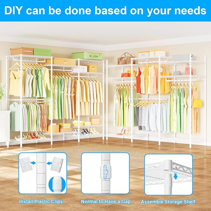 E13 Heavy Duty Clothes Rack（With 4 Hanger Rods & 8 Shelves） Freestanding Clothing Racks for Hanging Clothes，Adjustable Closet Organizer，Metal Garment Rack 63" W x16 D x77 H，Max Load 900LBS，White
