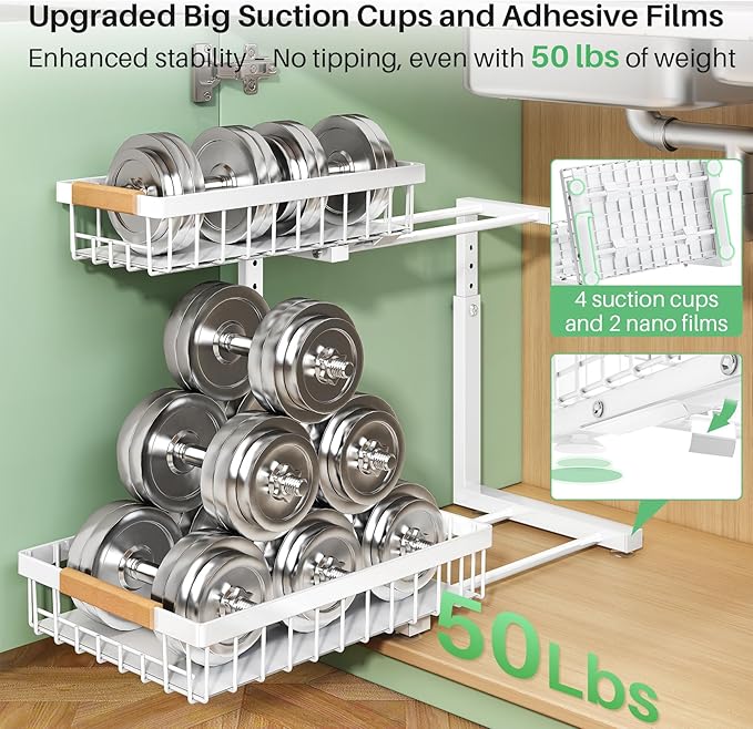 Kitstorack Under Sink Organizer, 2 Tier Under the Sink Storage, Slide out Pull out Cabinet Organizer Shelf, Metal Sliding Drawer for Kitchen Bathroom Pantry Closet Organization Rack, White, 1 Pack