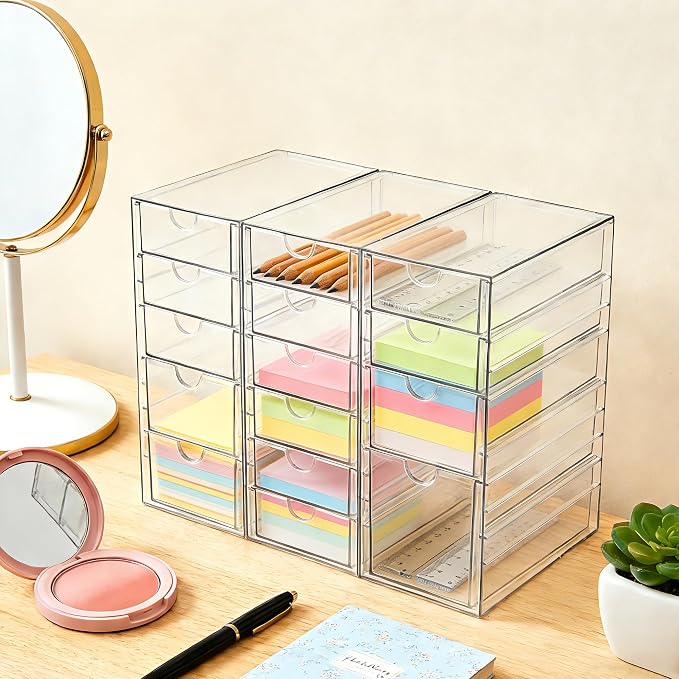 Prsildan 15 Drawers Teacher Toolbox Acrylic Containers, Set of 3 | Clear, Pens Markers Stickers Hardware Storage, Office Desk Kitchen Cabinet Garage Organizer