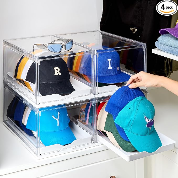 Vtopmart 4 Pack Stackable Baseball Caps Organizer, Each Holds 12 hats | with Sliding Drawer, Magnetic Door, Stackable, Transparent