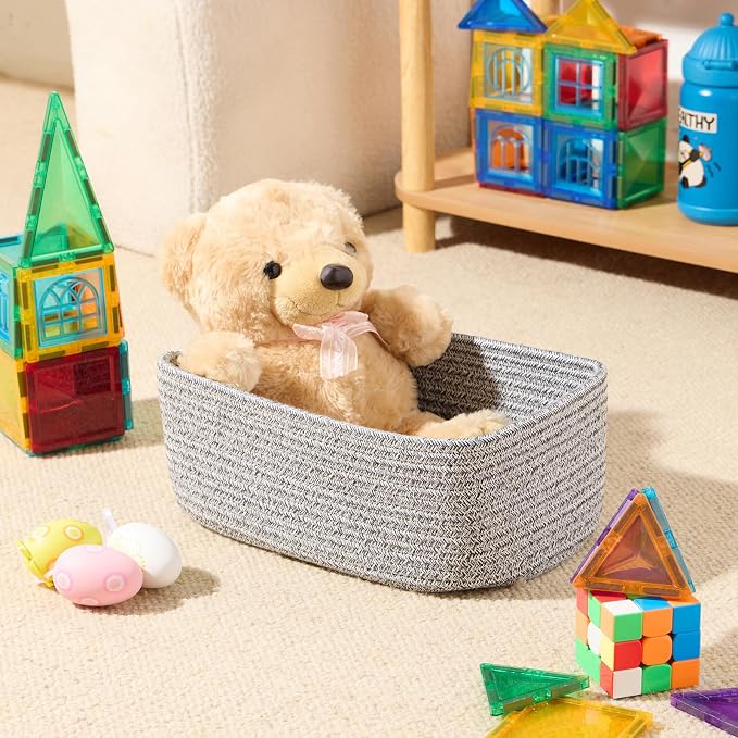 MiniArk Small Storage Baskets for Organizing | Closet Organizer Bins | Shelf Toy Basket | Woven Rope Baskets | Cube Decorative Box | Shallow Basket | 11.5x7.5x4.7” | 4 Packs Mixed Grey