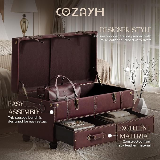 COZAYH Vintage Storage Ottoman Bench, Dark Magenta | Faux Leather, Wood Frame, 31.5x15.75x17.25 in, 250 lb Capacity, Hinged Lid, 2 Latches, Side Handles