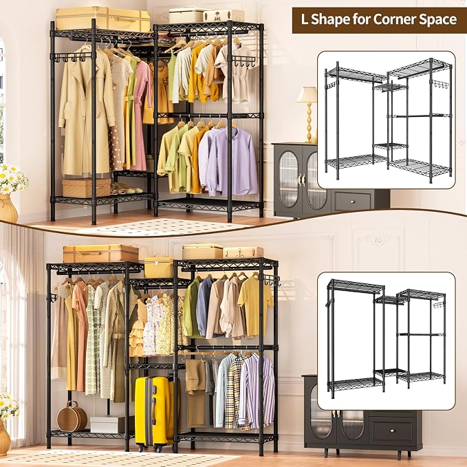 Golpart Heavy Duty Clothes Rack Metal Wardrobe with Adjustable Wire Shelves | Closet Organizers and Storage Clothing Rack Metal System Freestanding Hanging Clothes System Free Standing Garment Coat Racks