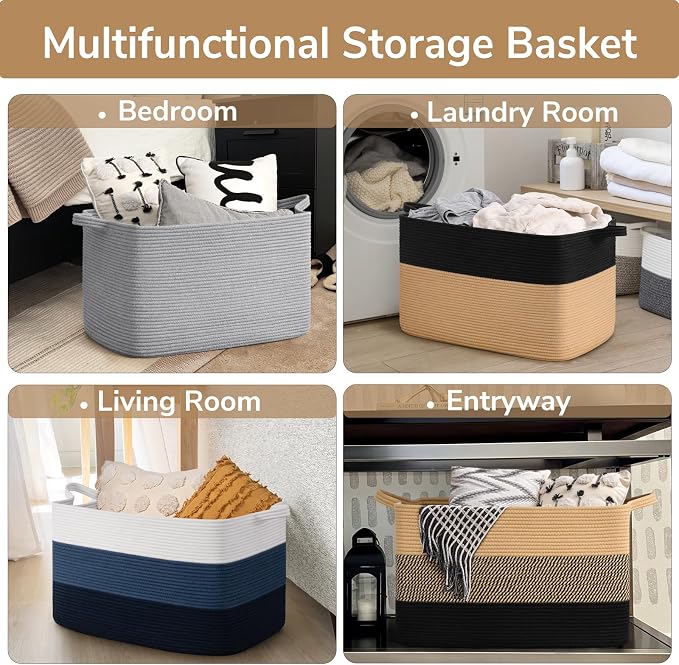 Goodpick Extra Large Wicker Blanket Basket with Handles, Black Jute | 85L, 23.6 x 15.7 x 13.8 in, Rectangle, Living Room, Bedroom & Nursery Organization, Blankets, Pillows & Toys Storage