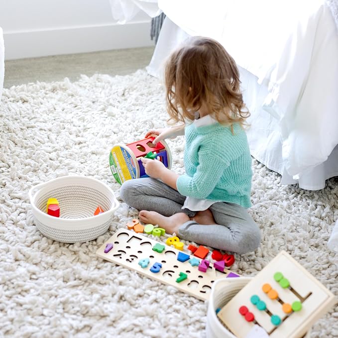 NaturalCozy 5-Piece Round Woven Cotton Rope Storage Baskets for Organizing, Small Shallow Nesting Set for Montessori Toys, Entryway Catchall, Fruit Bowl, Key Tray, Remote Holder, Nursery & Pet Toys