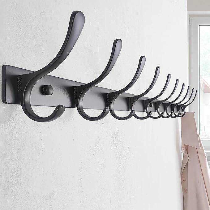 SKOLOO Coat Rack Wall Mounted - 10 Hooks, Pack of 2, Heavy Duty, Stainless Steel, Metal Wall Hanger, Sturdy Coat Hooks for Hanging Coats, Jacket, Clothes, Hat, Black