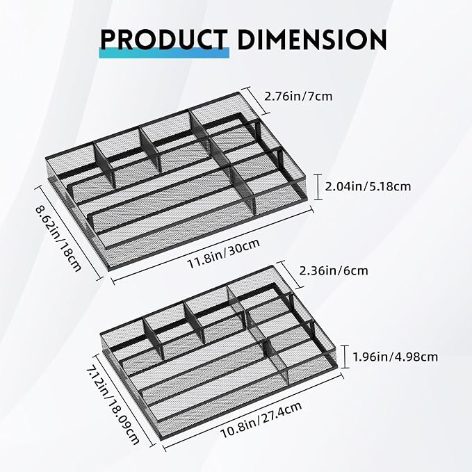 2 Pack Mesh Drawer Organizer, Metal Desk Drawer Organizer Tray with 8 Adjustable Compartments, Desk Organizers and Accessories for Office Supplies, Kitchen, Makeup & Vanity (Black)