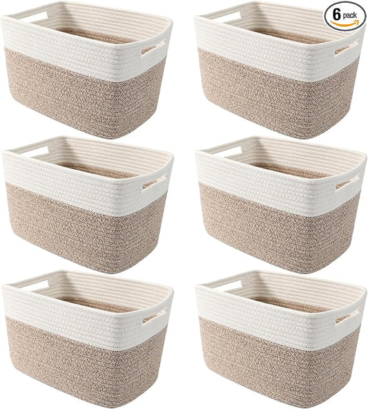6 Pack Woven Rope Baskets, 12.6"×9"×7.8" Storage Bins, White&Brown | Storage Boxes for Toys, Books, Towels, Clothes, Shelf Baskets Organizer,Empty Gift Baskets for Living Room, Bathroom, Bedroom