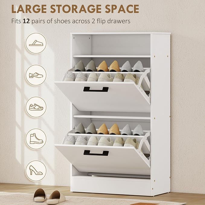 HOMCOM Shoe Cabinet with 2 Flip Drawers, Open Shelf, up to 12 Pairs, White | Narrow Storage Cabinet, Adjustable Dividers, Entryway Shoe Storage Unit, for Hallway
