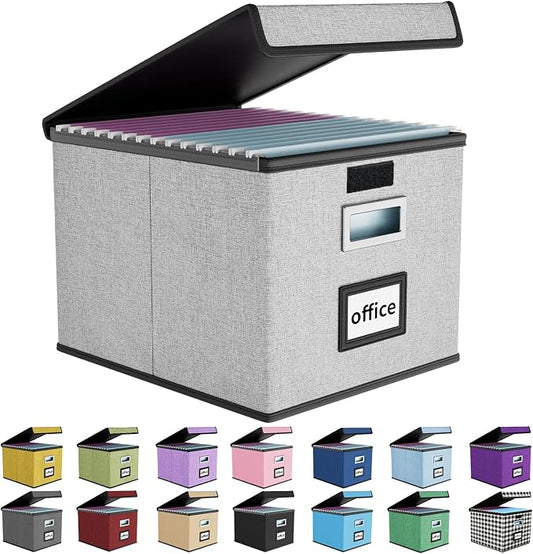 File Organizer Box with Lids, Collapsible File Folder Organizer | File Box with Plastic Slides for Office Document Storage, Filing Bin for Letter Size Hanging File Folders (1 Pack, Gray)