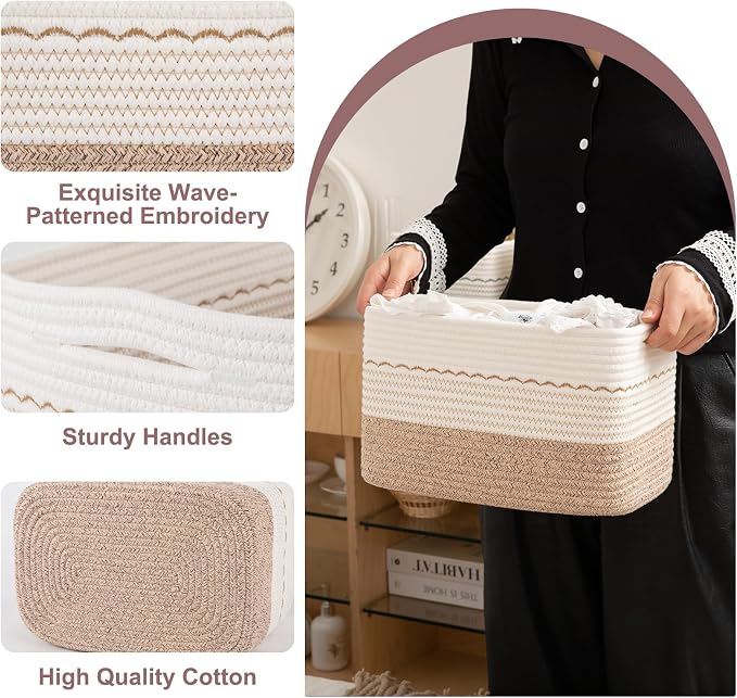 OIASKET 4 Pack Storage Baskets for Organizing, 13"X9"X7.87", Decorative Cotton Rope Baskets for Shelves, Small Woven Basket for Toys, Books and Towels, Brown & White