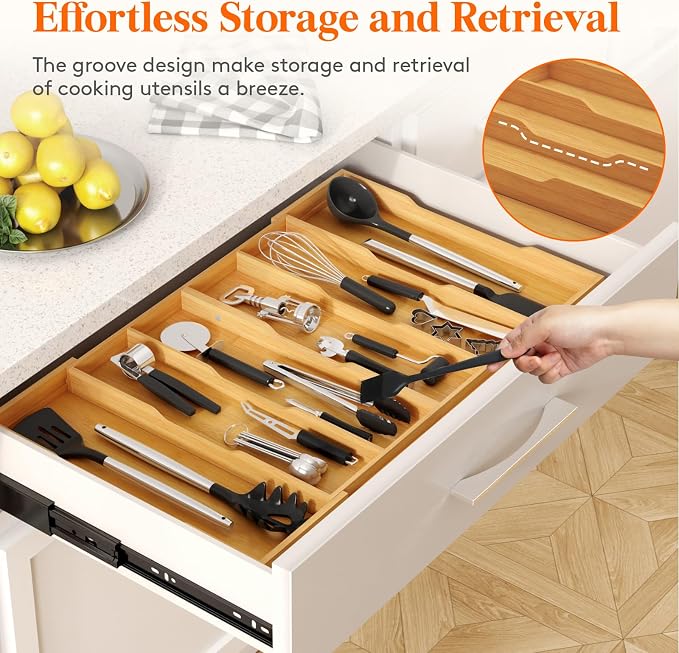 Lifewit Utensil Drawer Organizer, Expandable Kitchen Tool Tray, Wood Adjustable Flatware and Spatula Storage Divider, 17.8-28.3 x 17 x1.8