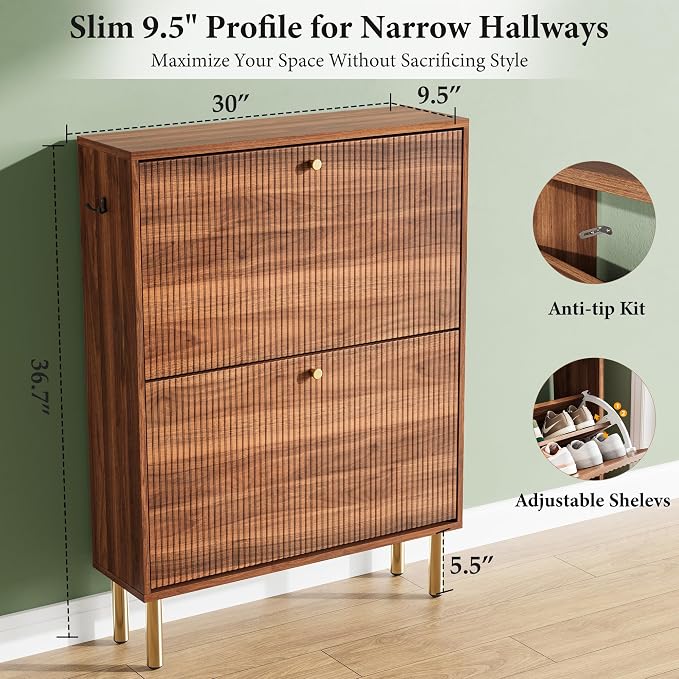 Nicetree Shoe Storage Cabinet for Entryway - 2 Flip Drawers Shoe Cabinet with Tiered Fluted Design - Slim Shoe Storage Rack with Gold Legs - Narrow Shoe Cabinet Hidden Shoe Organizer for Small Spaces