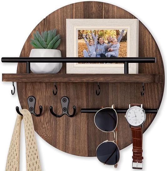 Nekon Key Holder Wall Mount, 11.8 Inch Rack With Shelf and 6 Hooks, Rustic Mail Organizer, Circular Wooden Hanger for Entryway Hallway Kitchen (Brown)