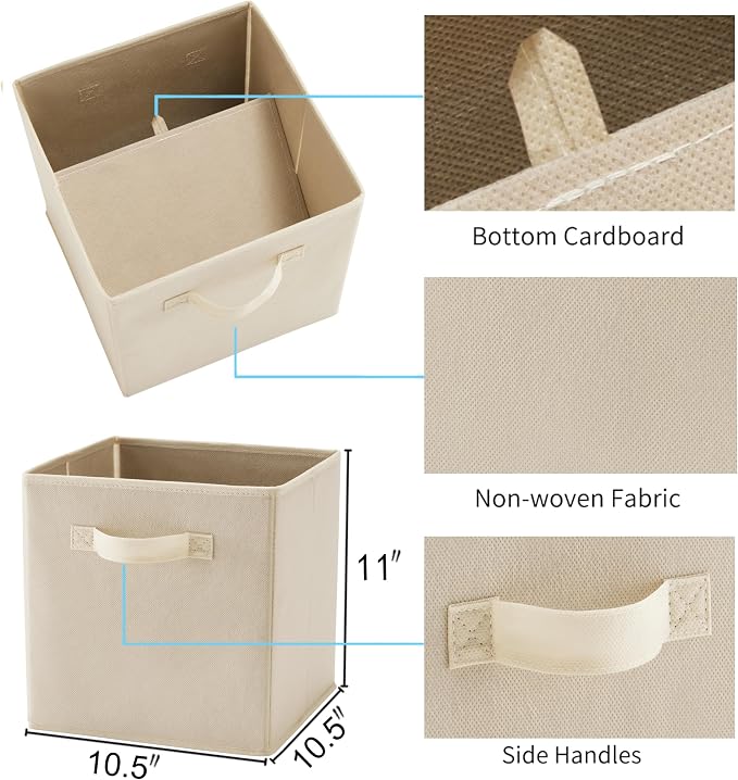 MAX Houser Fabric Cloth Storage Bins,Foldable Storage Cubes Organizer Baskets with Dual Handles for Home Bedroom Storage,Set of 6(Beige)