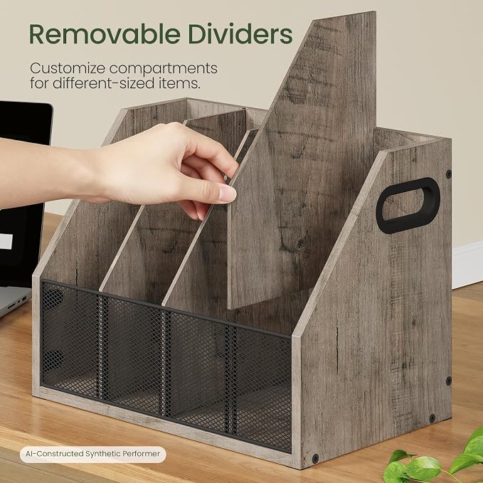 Wooden Desktop File Organizer with Removable Dividers, Mesh Front Panel for Paper, Mail, Magazine, Home Office Desk Storage, Easy Assembly, Greige MWJ06FH