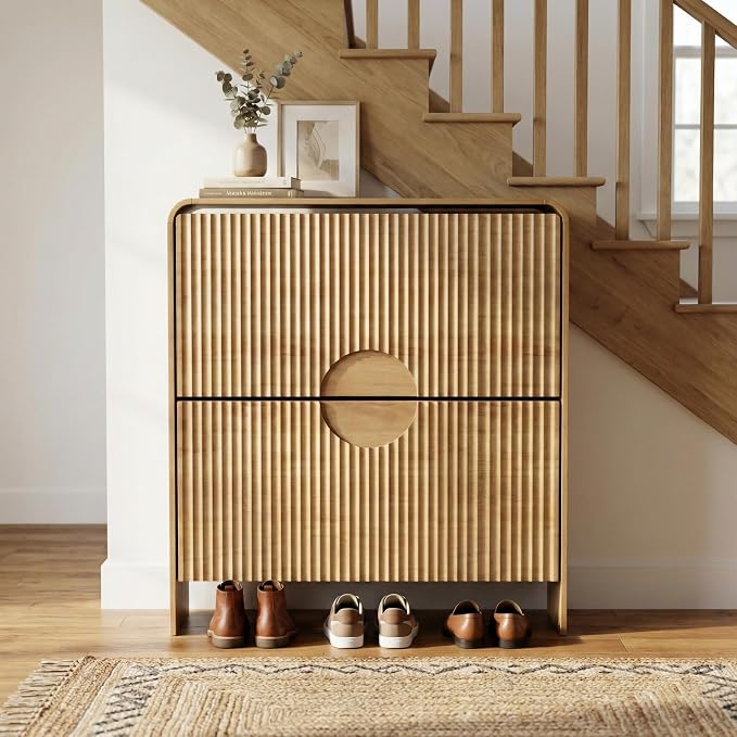 Narrow Shoe Cabinet for Entryway, Thin Entry Way Shoe Storage Cabinet with 2 Flip Drawers, No Shelf, Slim Hidden Shoe Rack Organizer for Entrance, Foyer, Wood Small