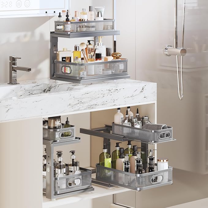 2 Pack 15.5IN-Depth Under Sink Organizer With Next-Gen Ball-Bearing Slides,2-Tier Precision Mesh Pull Out Cabinet Storage for Bathroom&Kitchen,Height Adjustable Drawers Shelf,Anti-rust-Grey